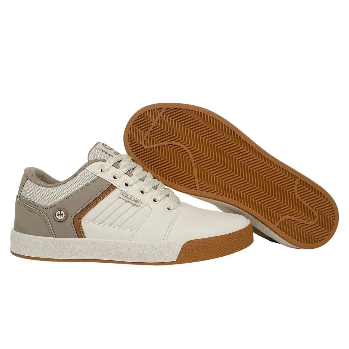 Tênis Ollie Monster 3 masculino bege mostrando solado emborrachado antiderrapante e detalhes em mesh